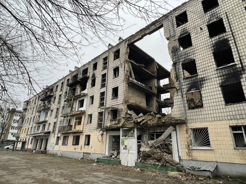 Bâtiments détruits dans le village de Borodyanka, dans la région de Kyïv en Ukraine.