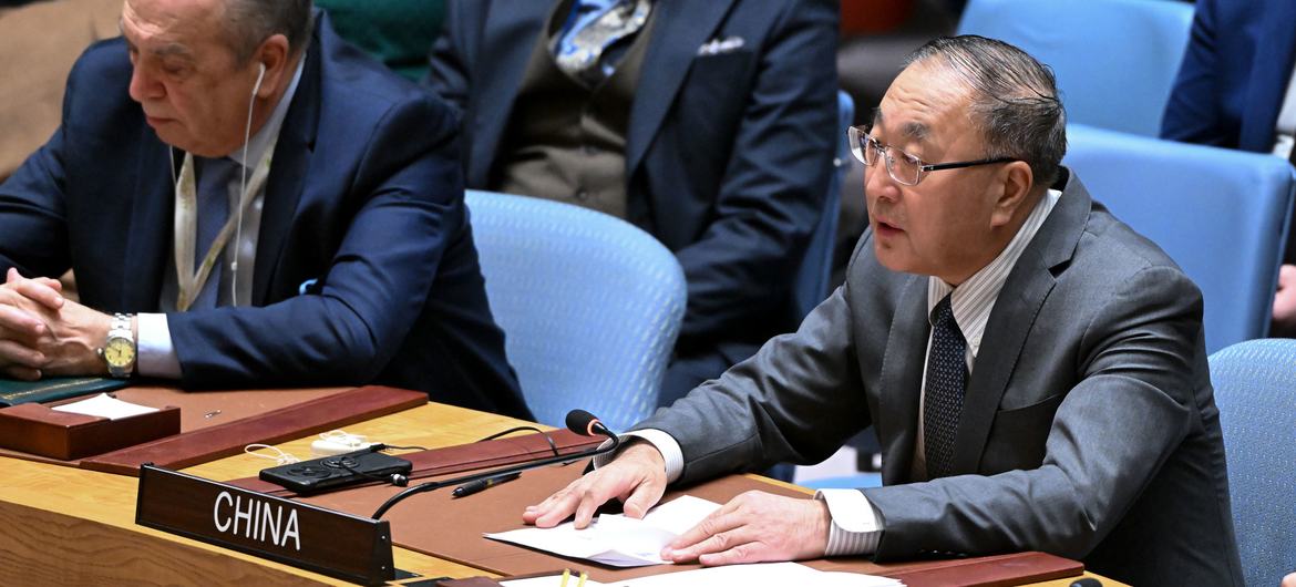 中国常驻联合国代表张军在安理会有关巴以冲突的公开辩论上发言。