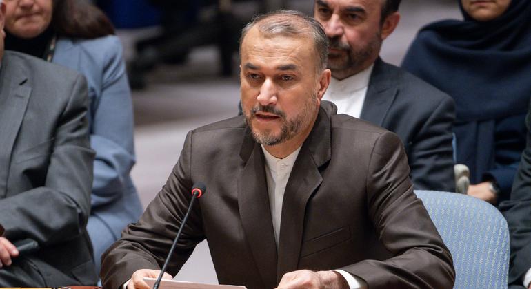 وزير الخارجية الإيراني حسين أمير عبد اللهيان، يتحدث أمام مجلس الأمن الدولي.