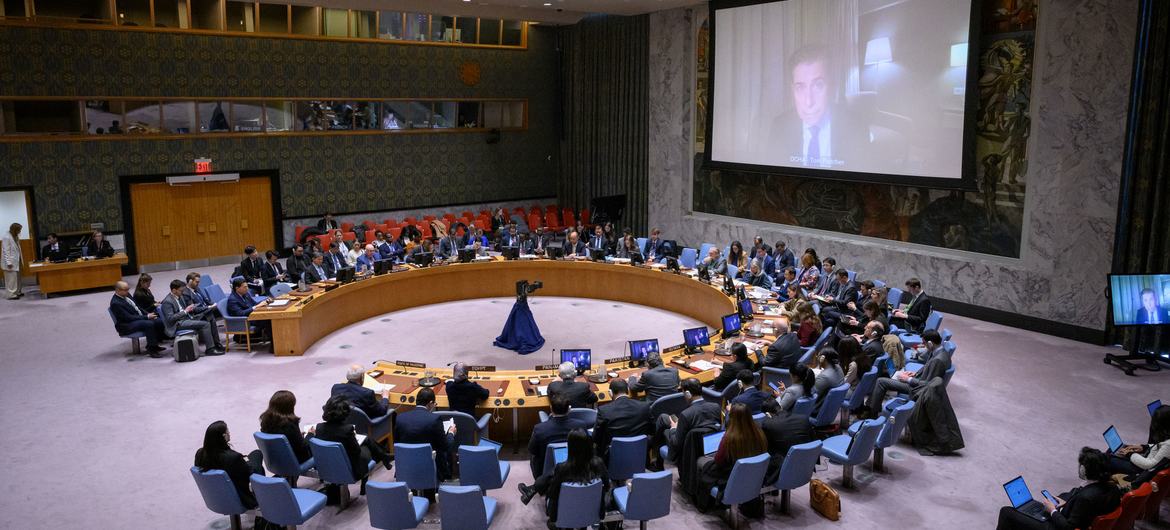 وكيل الأمم المتحدة للشؤون الإنسانية توم فليتشر (على الشاشة) يتحدث أمام مجلس الأمن الدولي