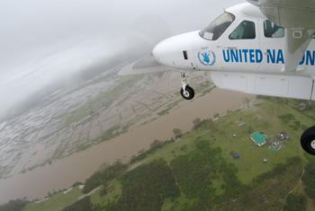 A UN Humanitarian Air Service (UNHAS) plane flies over cyclone-battered Nosy Varika, in  Madagascar.