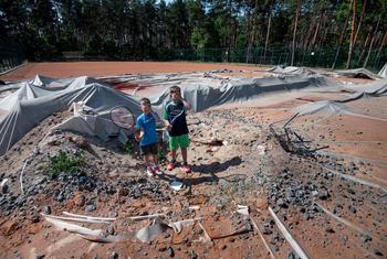 Many municipal recreation facilities like gyms, tennis courts and swimming pools have been severely damaged or destroyed in Kyiv and Kharkiv (file).. 