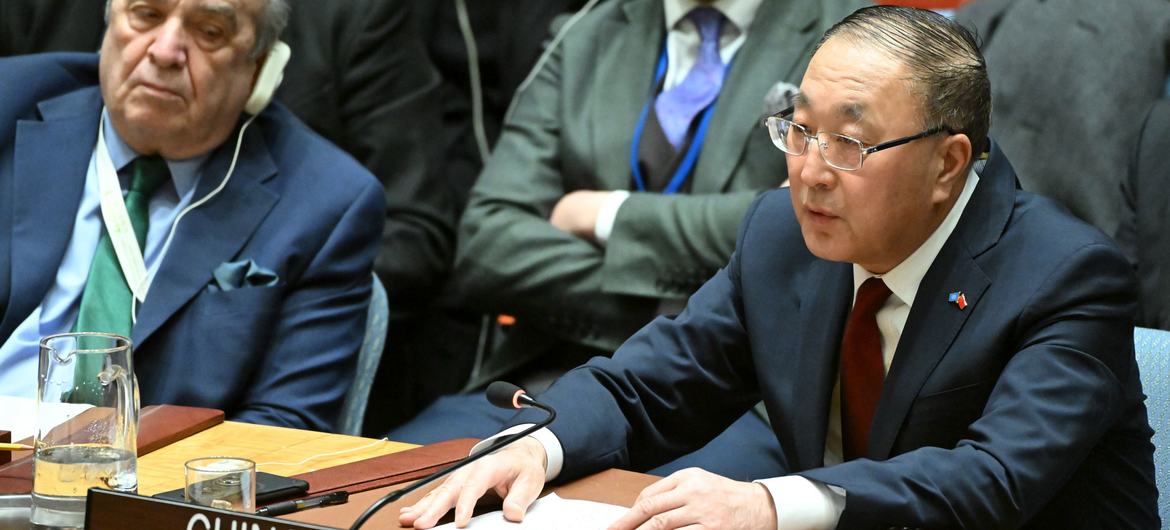Ambassador Zhang Jun of China addresses the Security Council meeting on the maintenance of peace and security in Ukraine.
