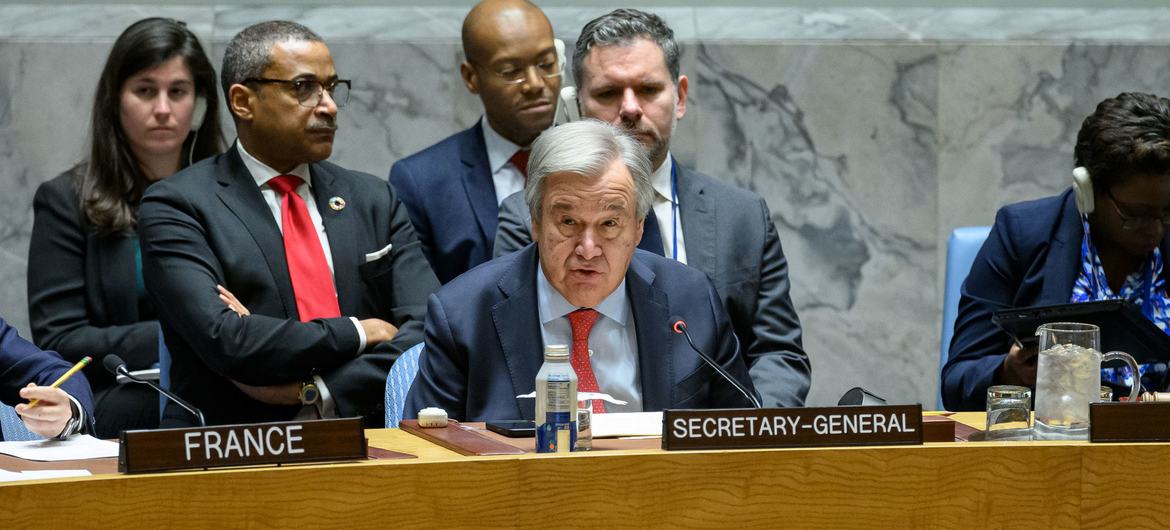 El Secretario General António Guterres interviene en la reunión del Consejo de Seguridad de la ONU para debatir el mantenimiento de la paz y la seguridad en Ucrania.