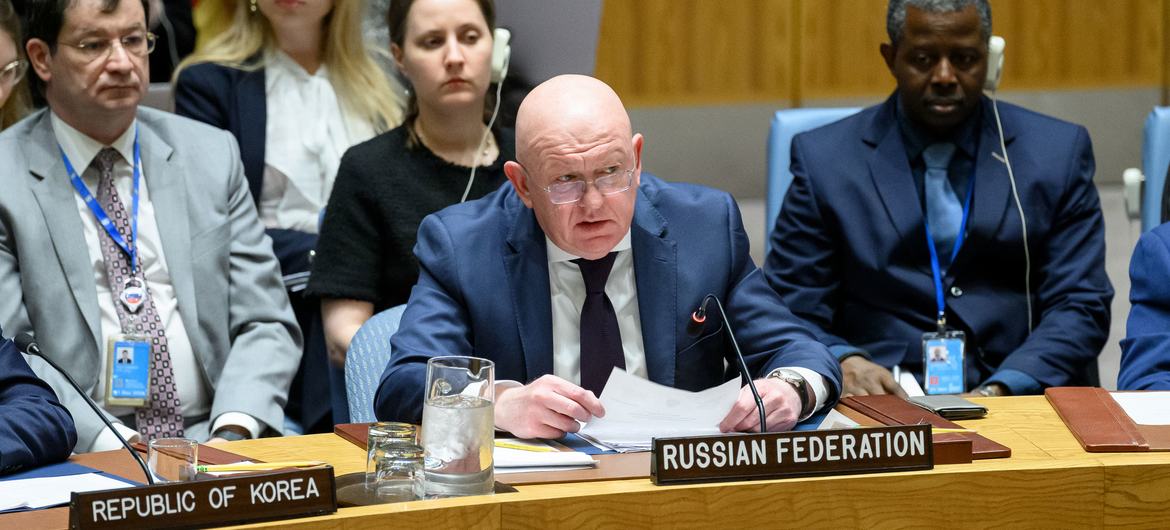 Ambassador Vassily Nebenzia of the Russian Federation addresses the Security Council meeting on the maintenance of peace and security in Ukraine.