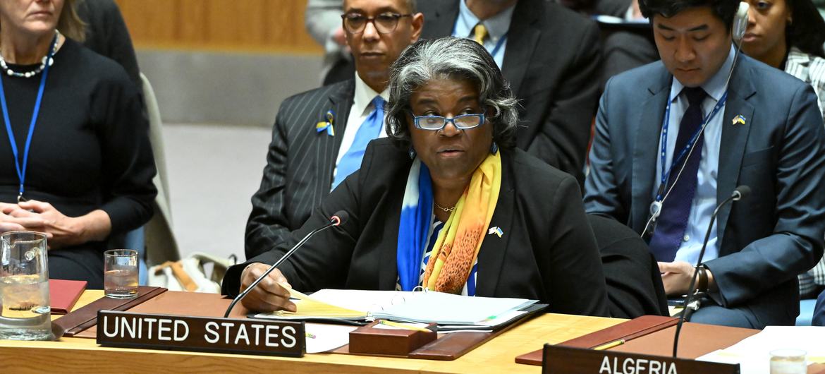 Ambassador Linda Thomas-Greenfield of the United States addresses the Security Council meeting on the maintenance of peace and security in Ukraine.