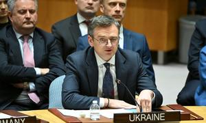 Министр иностранных дел Украины Дмитрий Кулеба выступает на заседании Совета Безопасности по вопросам поддержания мира и безопасности Украины.