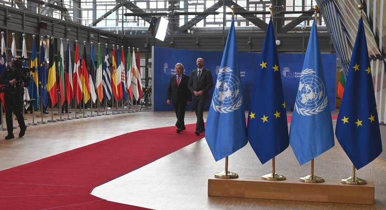 秘书长古特雷斯在布鲁塞尔参加与欧盟国家元首和政府首脑的会议。