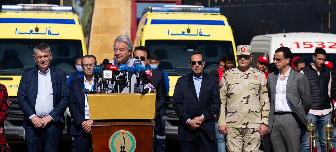 UN Secretary-General António Guterres addresses the media at the Rafah crossing between Egypt and Gaza.