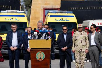 UN Secretary-General António Guterres addresses the media at the Rafah crossing between Egypt and Gaza.