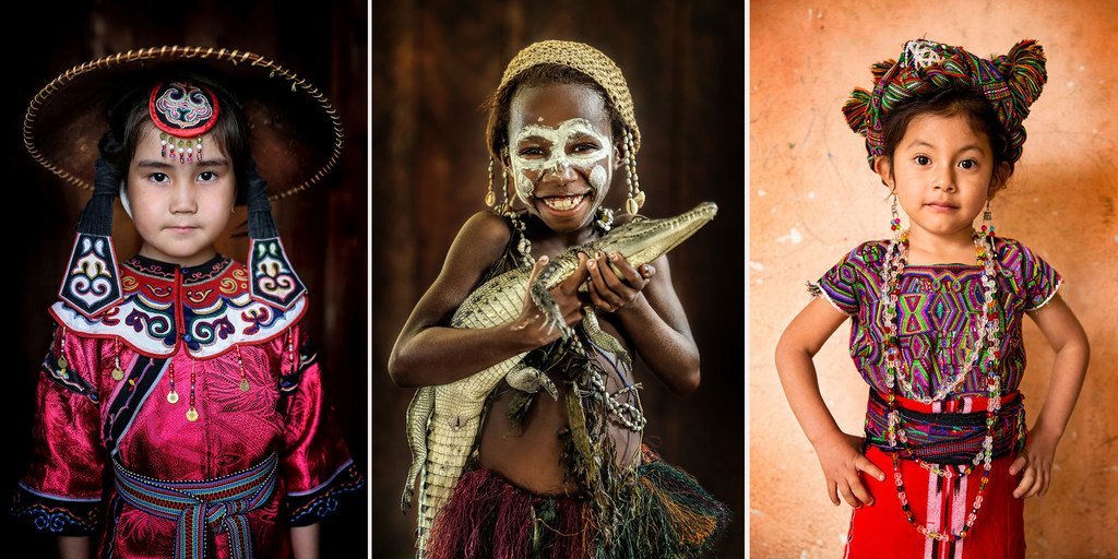 Girls (left to right) from Siberia, Russia, East Sepik, Papua New Guinea and El Quiché, Guatemala, proudly display their traditional clothing.