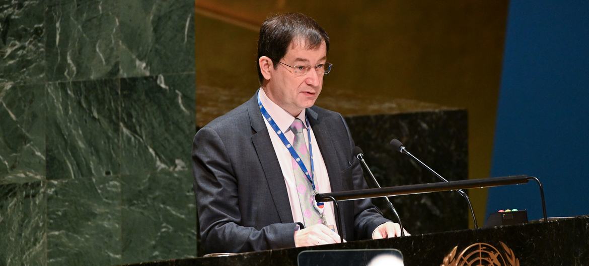 Dmitry Polyanskiy, Deputy Permanent Representative of Russia, addresses the UN General Assembly plenary meeting on the use of the veto.