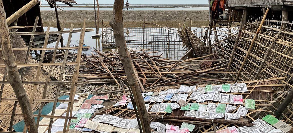 A shelter is left in pieces by Cyclone Mocha in Nget Chaung 2 IDP camp in Rakhine state in Myanmar.