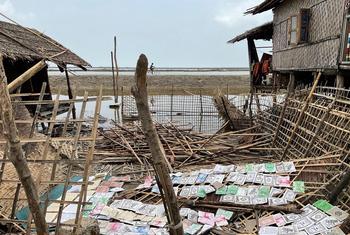 A shelter is left in pieces by Cyclone Mocha in Nget Chaung 2 IDP camp in Rakhine state in Myanmar.