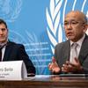 Akihiro Seita (right), UNRWA Director of Health, addresses the media at UN Geneva. 