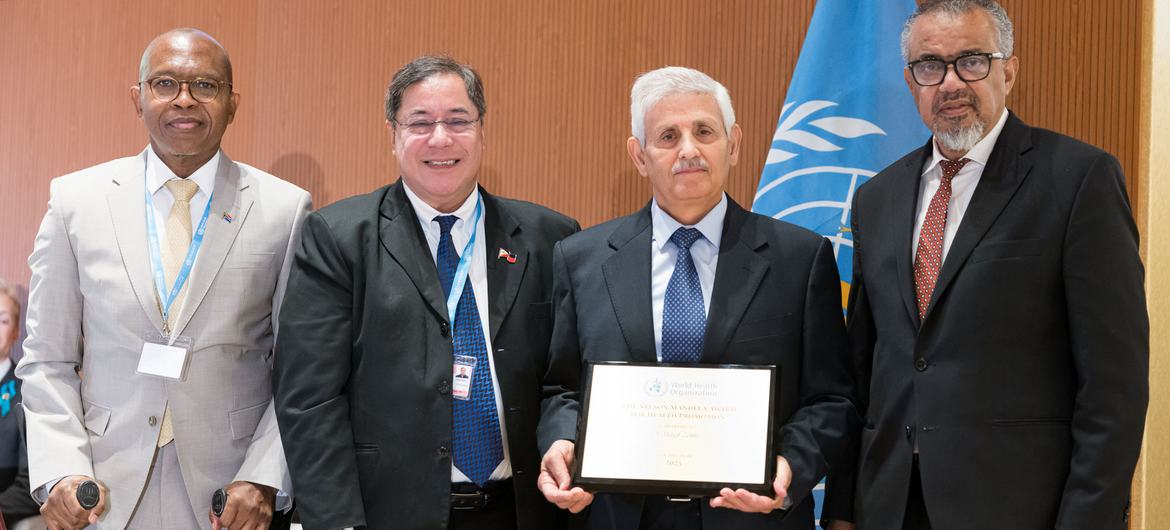 [Left to right] Ambassador Mxolisi Nkosi of South Africa; President of the 78th World Health Assembly Teodoro Herbosa; Dr. Majed Zemni of Tunisia, recipient of the 2025 Nelson Mandela Award for Health Promotion; and WHO Director-General Dr. Tedros Adhano…