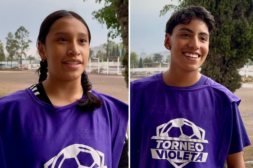 Estrella Guzmán, 12 años, y Aldo Huerta, 17, son compañeros de fútbol en Cancha Violeta. San Pedro Xalostoc, Ecatepec, Estado de México,Mayo 2025.