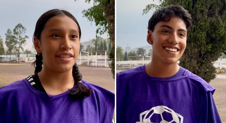 Estrella Guzmán, 12 años, y Aldo Huerta, 17, son compañeros de fútbol en Cancha Violeta. San Pedro Xalostoc, Ecatepec, Estado de México,Mayo 2025.