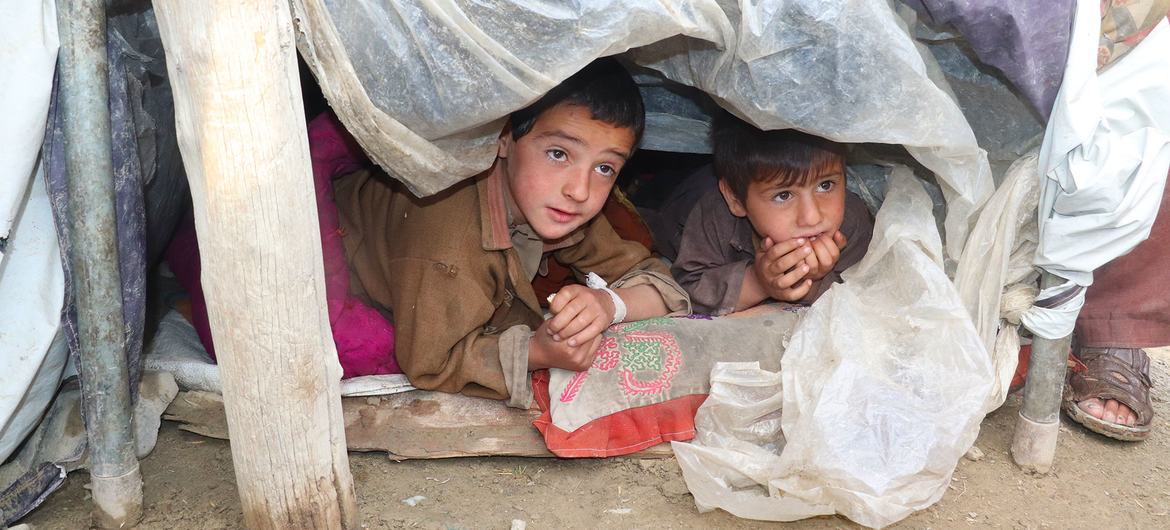 Niños refugiados y durmiendo bajo sábanas de plástico después de que un terremoto de 5,9 grados de magnitud sacudiera la provincia de Paktika, en Afganistán.