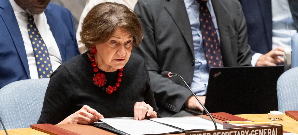 Rosemary DiCarlo, Under-Secretary-General for Political and Peacebuilding Affairs, briefs UN Security Council members on the maintenance of peace and security in Ukraine.
