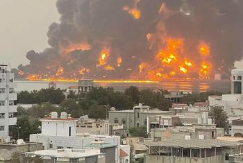 Smoke and flames rise from a site in Hudaydah, Yemen on July 20, 2024.