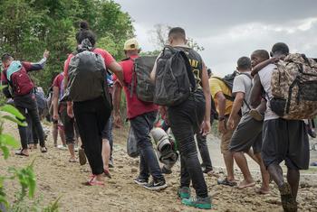 Miles de refugiados y migrantes de todo el mundo llegan cada día a Lajas Blancas, uno de los dos centros de acogida temporal gestionados por el gobierno panameño, tras cruzar la selva del Darién.