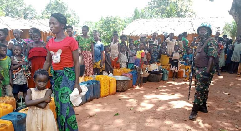 The villagers of Bisa are in a line ready to get clean and safe water facilitated by the United Nations peacekeepers from Tanzania under MINUSCA in the Central African Republic, distributed by means of vehicles.