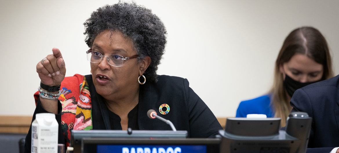 Prime Minister Mia Amor Mottley of Barbados addresses a meeting on Implementation of the Global Accelerator on Jobs and Social Protection at UN Headquarters. In an UNCTAD conference address she urged the world not to neglect the climate crisis when consi…