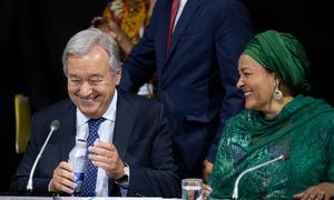 The UN Secretary-General António Guterres (left) and Deputy Secretary-General Amina Mohammed share a light moment at the SDG Action Weekend.