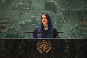 ريم بنت إبراهيم الهاشمي، وزيرة الدولة لشؤون التعاون الدولي في الإمارات تقدم كلمة بلادها في مناقشات الدورة الثامنة والسبعين للجمعية العامة للأمم المتحدة.