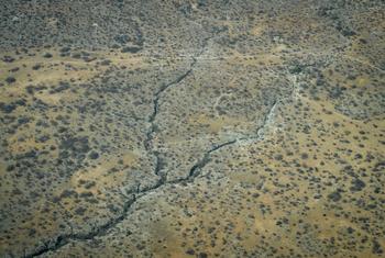 An aerial photograph of the dried up Juba river in Somalia. Prolonged droughts due to worsening climate change impacts affect millions of people in the Horn of Africa region.