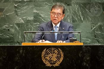 日本首相石破茂在United Nations讲台上向联合国一般性辩论发表讲话。