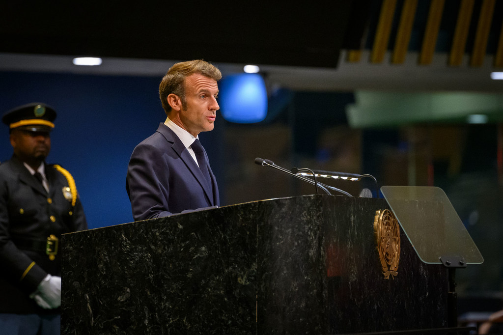 法国总统马克龙在联合国大会第八十届会议的一般性辩论上发表讲话。