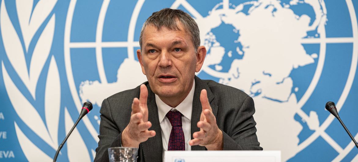 Philippe Lazzarini, head of the UN Relief and Works Agency for Palestine Refugees in the Near East (UNRWA), briefs journalists at a press conference in Geneva, Switzerland.