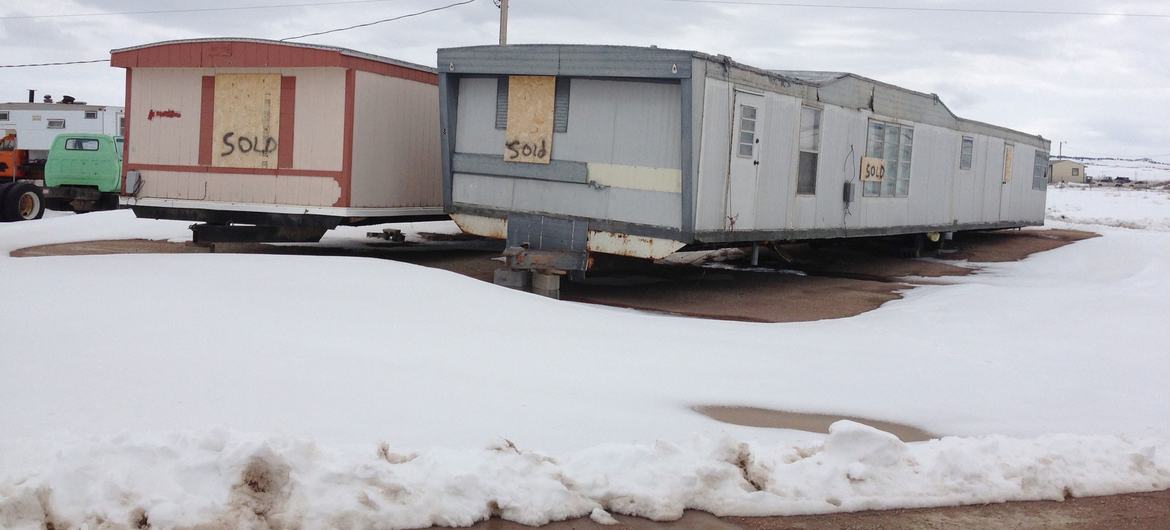 Roadside trailers in The Pine Ridge Indian Reservation in South Dakota, USA.