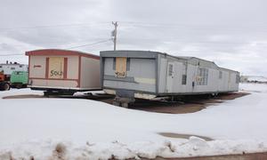 Roadside trailers in The Pine Ridge Indian Reservation in South Dakota, USA.