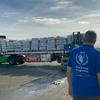 رجل يرتدي قميصًا أزرق اللون تابعًا WFP الأغذية العالمي يقف أمام شاحنة WFP محملة بأكياس المساعدات الغذائية، على الأرجح عند معبر حدودي.