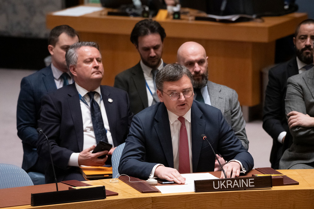 Dmytro Kuleba (at table), Minister for Foreign Affairs of Ukraine, addresses the UN Security Council meeting on maintenance of peace and security of Ukraine.