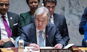 El Secretario General António Guterres habla en una sesión del Consejo de Seguridad sobre Ucrania.