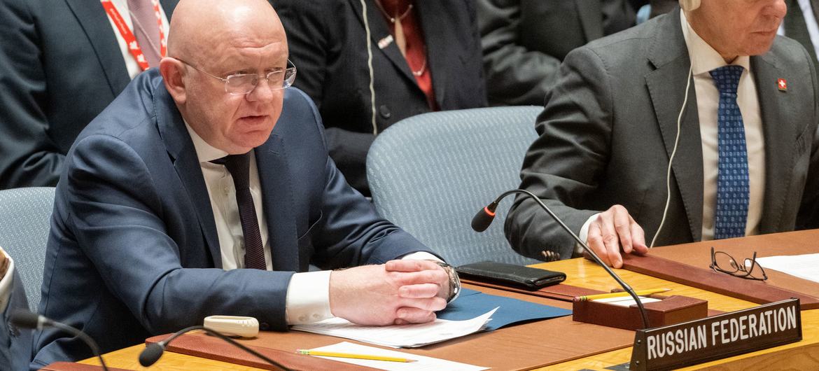 Vassily Nebenzia, Permanent Representative of Russian Federation to the United Nations, addresses the Security Council meeting on threats to international peace and security.