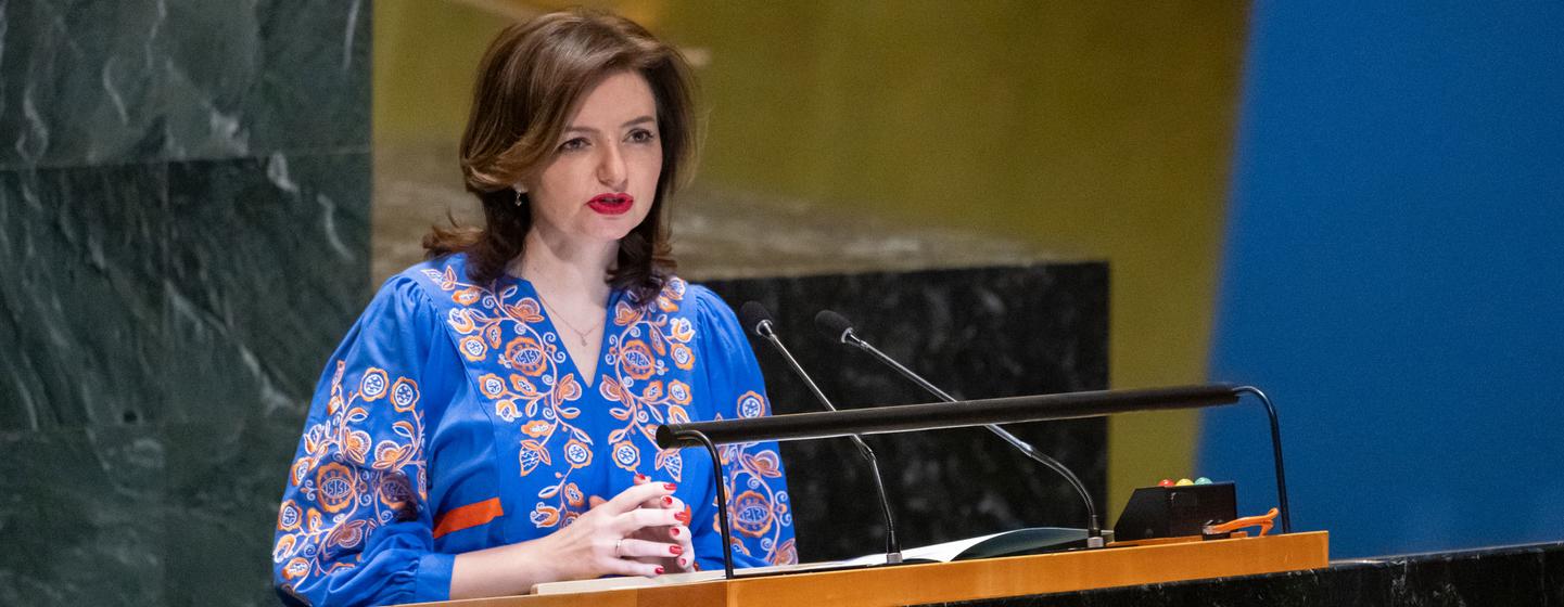 Заместитель министра иностранных дел Украины Марьяна Беца на трибуне Генассамблеи ООН.