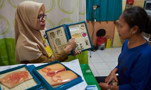 A female counselor shows a woman birth control options at health centre in South Sulawesi, Indonesia.