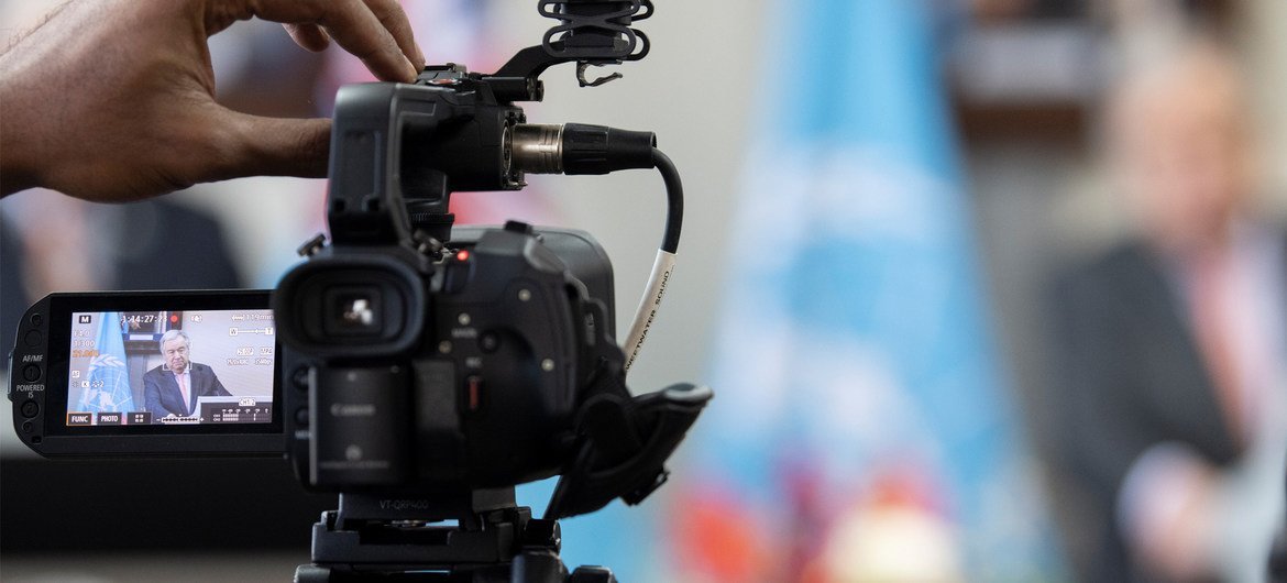 File photo of UN Secretary-General António Guterres (on screen) holding a virtual press conference.