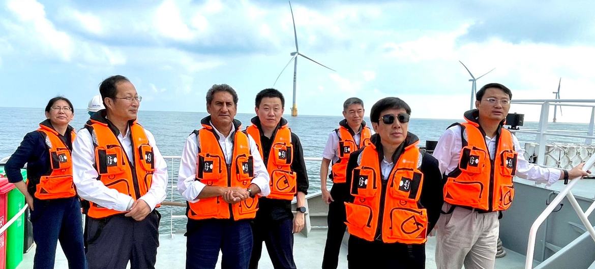 国际可再生能源署总干事弗朗西斯科·拉·卡梅拉参观中国国家电力投资集团在江苏盐城市滨海县的海上风电项目。