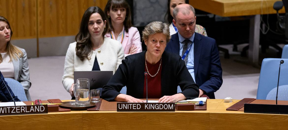 Ambassador Barbara Woodward of the United Kingdom addresses the UN Security Council.
