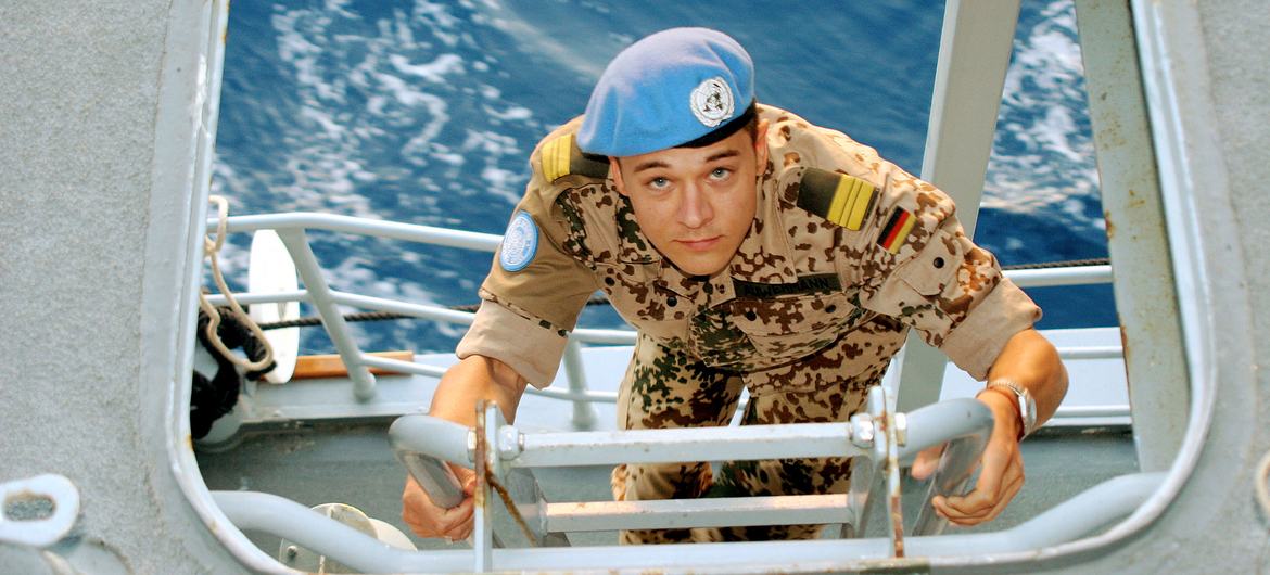 A German UN peacekeeper carries out his duties on a ship in Lebanon in 2007.