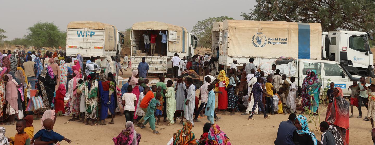 Des réfugiés soudanais au Tchad reçoivent une aide alimentaire du PAM.