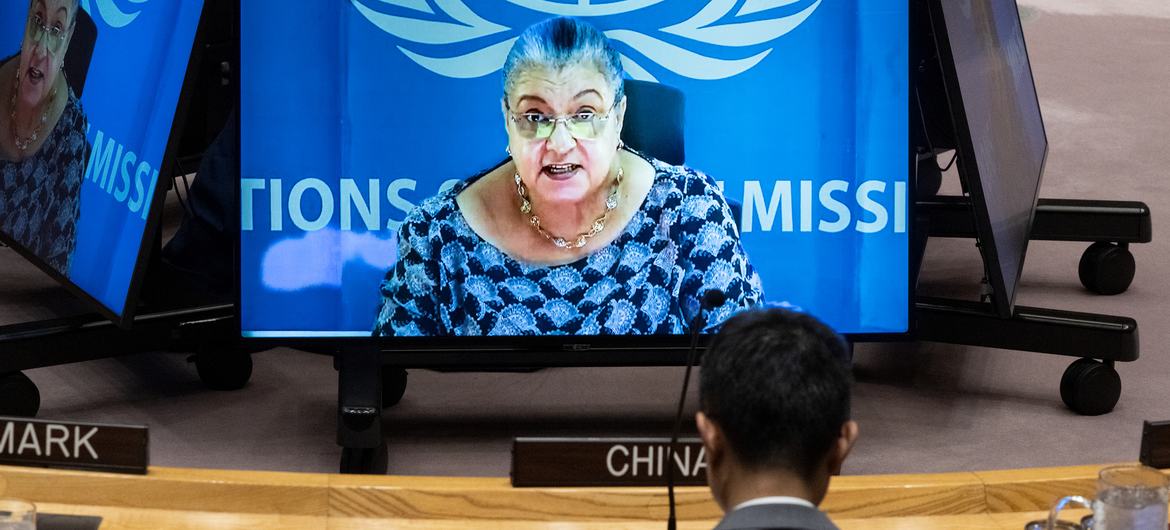 La Représentante spéciale de ONU, Hanna Serwaa Tetteh, s'adresse au Conseil de sécurité de ONU via un grand écran.