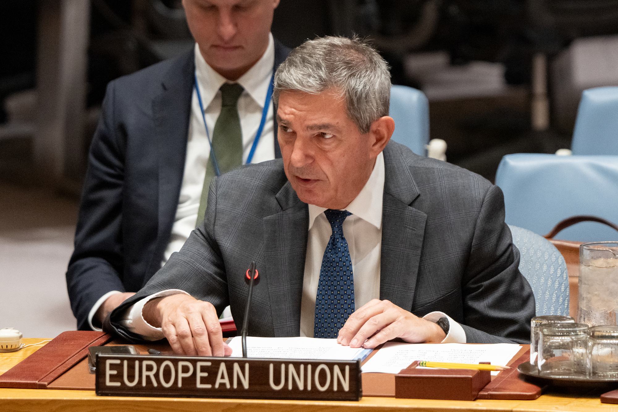 Le Représentant l’Union européenne (UE), l’ambassadeur Stavros Lambrinidis, s'exprime au Conseil en tant que porte-voix de la coordinatrice de la Commission conjointe du JCPOA.