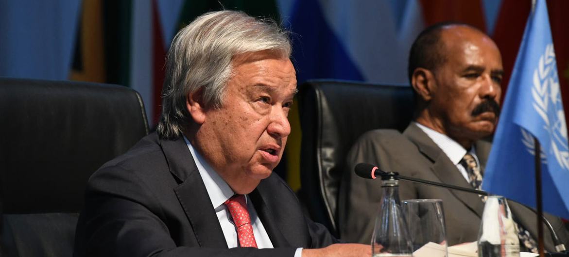 UN Secretary General António Guterres (left) speaks at the 15th BRICS summit in Johannesburg, South Africa.